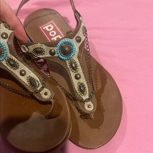 Women's Brown Sandals with Blue Accents